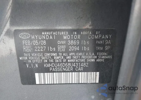 2008 Hyundai Elantra Gls/Se из США, поврежденный, VIN KMHDU46D68U431482